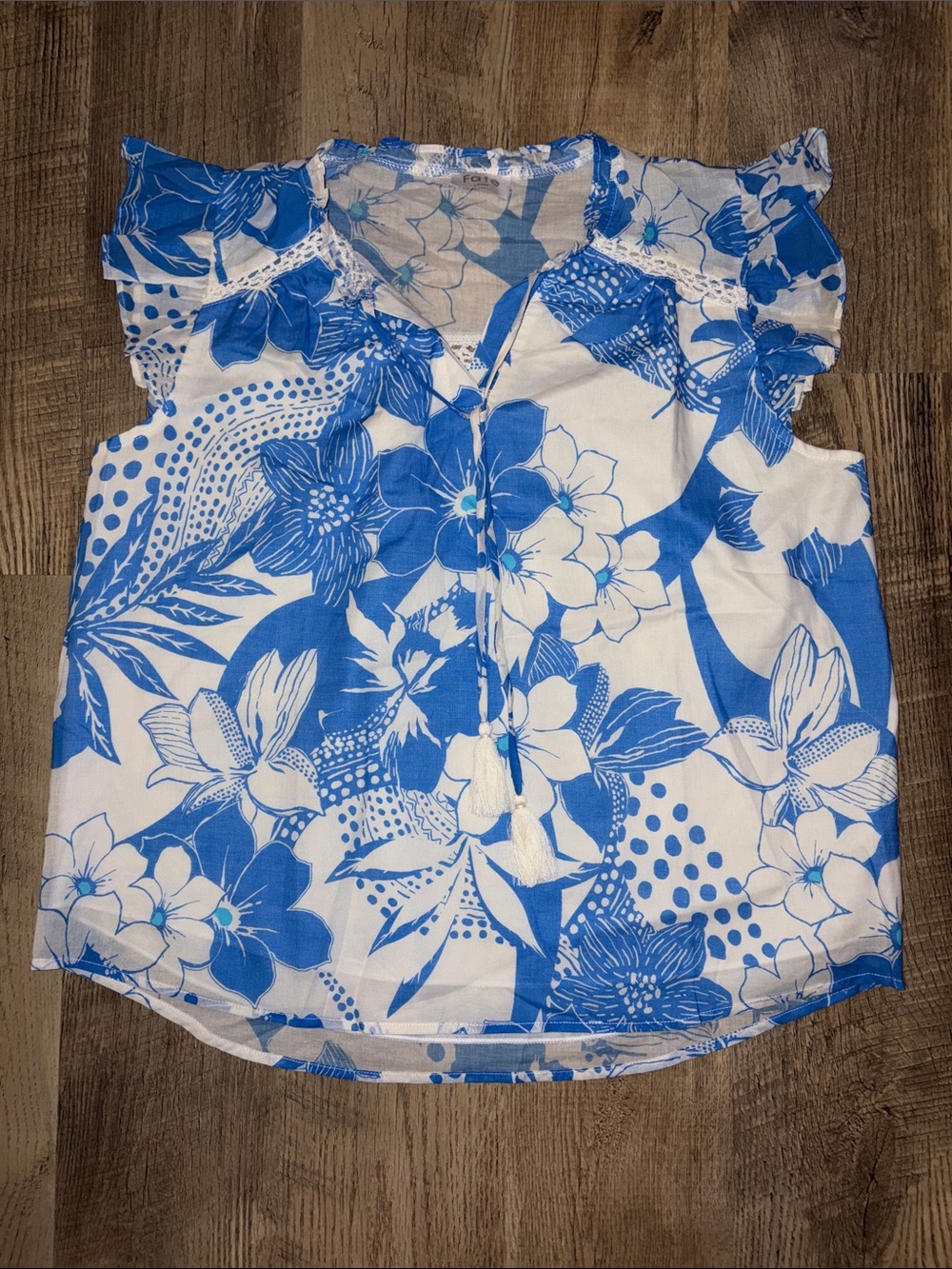 Fate White and Blue Floral Ruffle Tie-Front Blouse - Picture 3 of 4